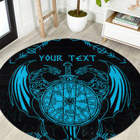 Round rug carpet with blue Viking dragon, sword, and compass design; custom text line