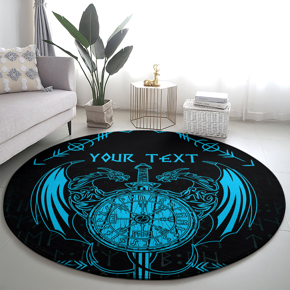 Round rug with central blue compass and dragon around sword; YOUR TEXT banner