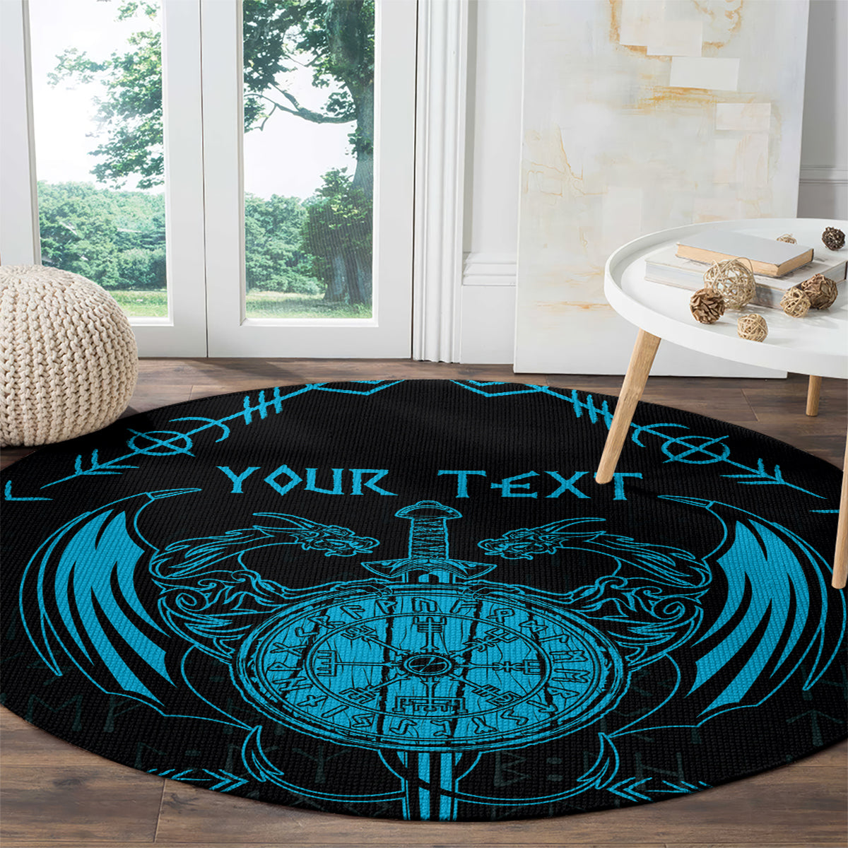 Round rug with blue rune border and dragon sword center; custom text line