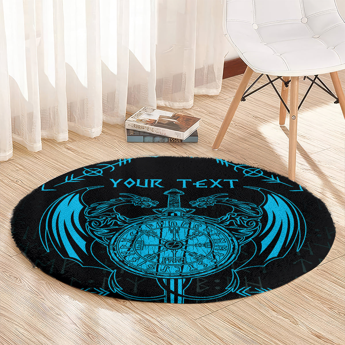 Round rug with blue Viking dragon and compass emblem around sword; custom text