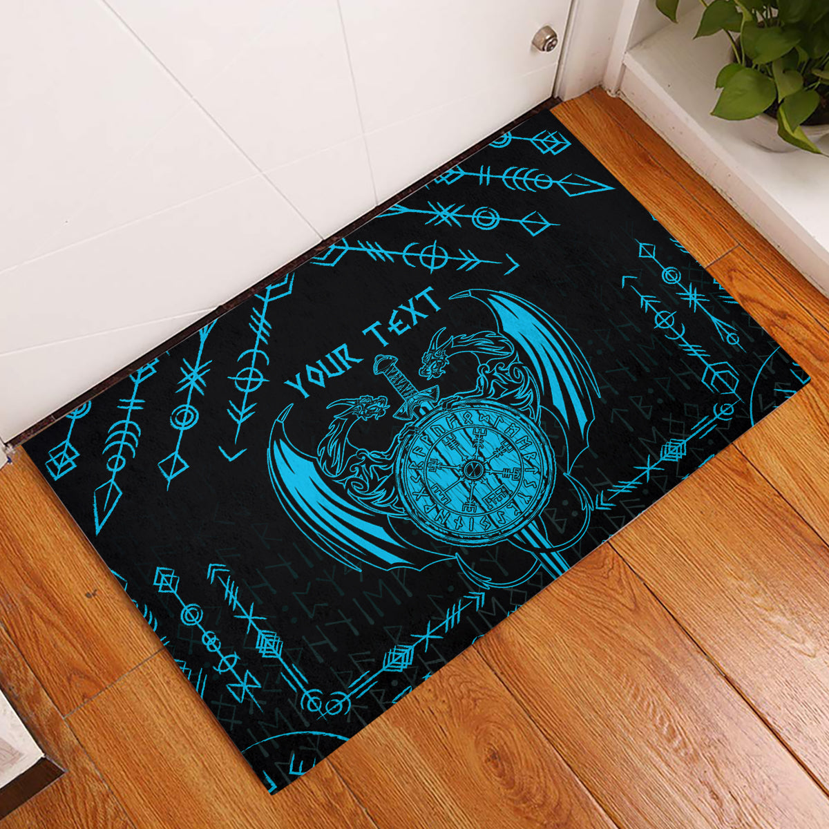 Personalized Viking Dragon Rubber Doormat with Sword Blue Scandinavian Tattoo