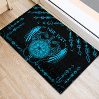 Blue and black rubber doormat showing dragon clock emblem, YOUR TEXT, and rune border