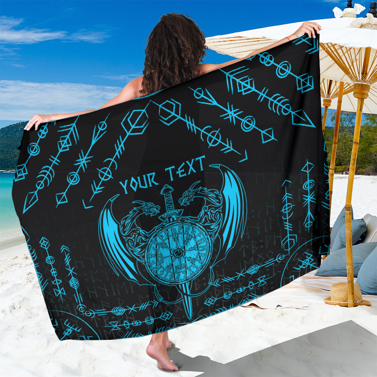 Personalized Viking Dragon Sarong with Sword Blue Scandinavian Tattoo