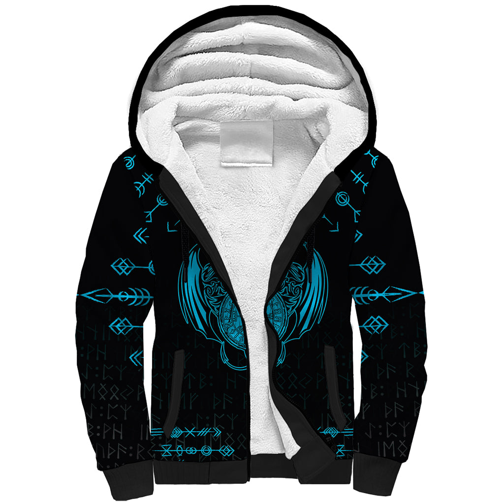 Personalized Viking Dragon Sherpa Hoodie with Sword Blue Scandinavian Tattoo