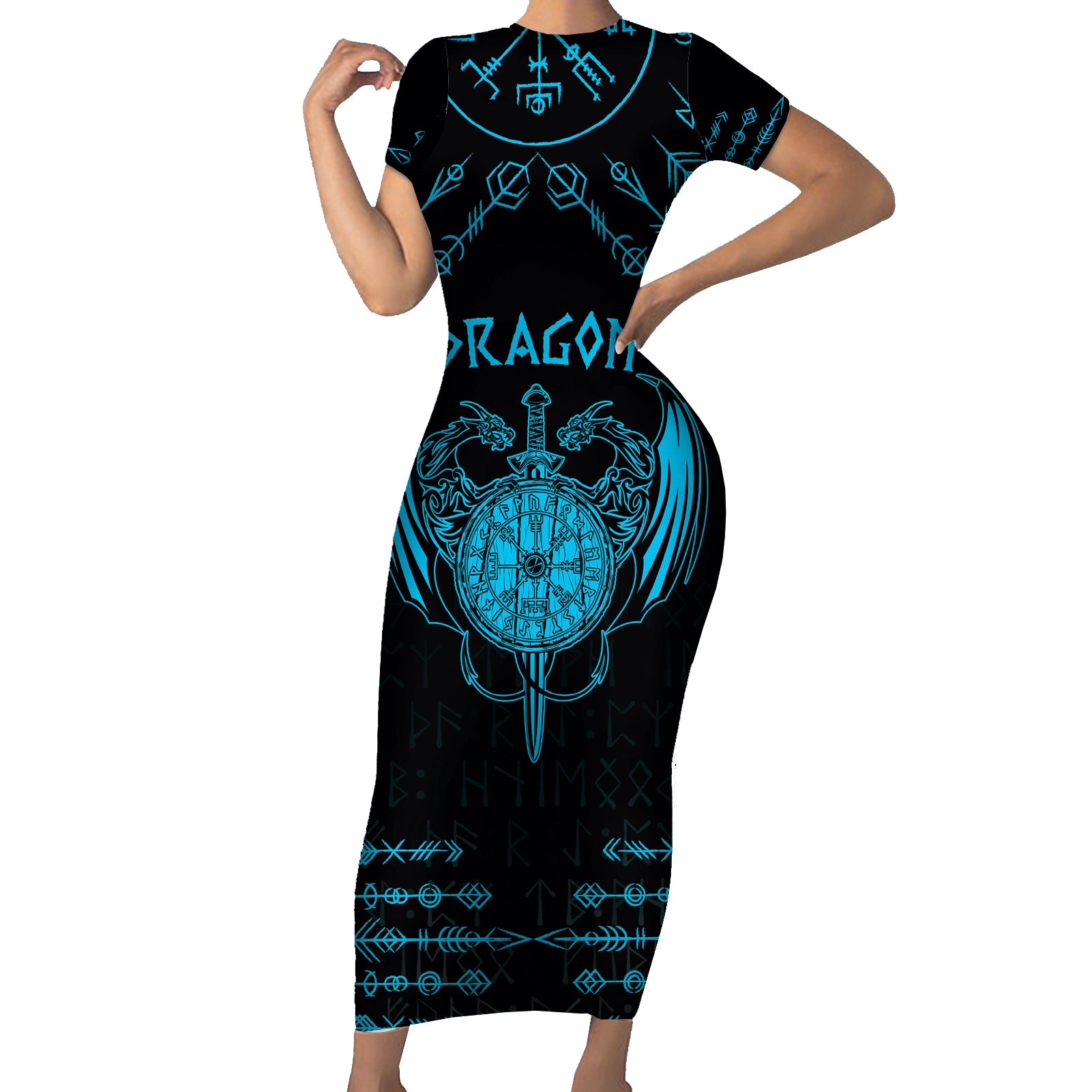 Personalized Viking Dragon Short Sleeve Bodycon Dress with Sword Blue Scandinavian Tattoo