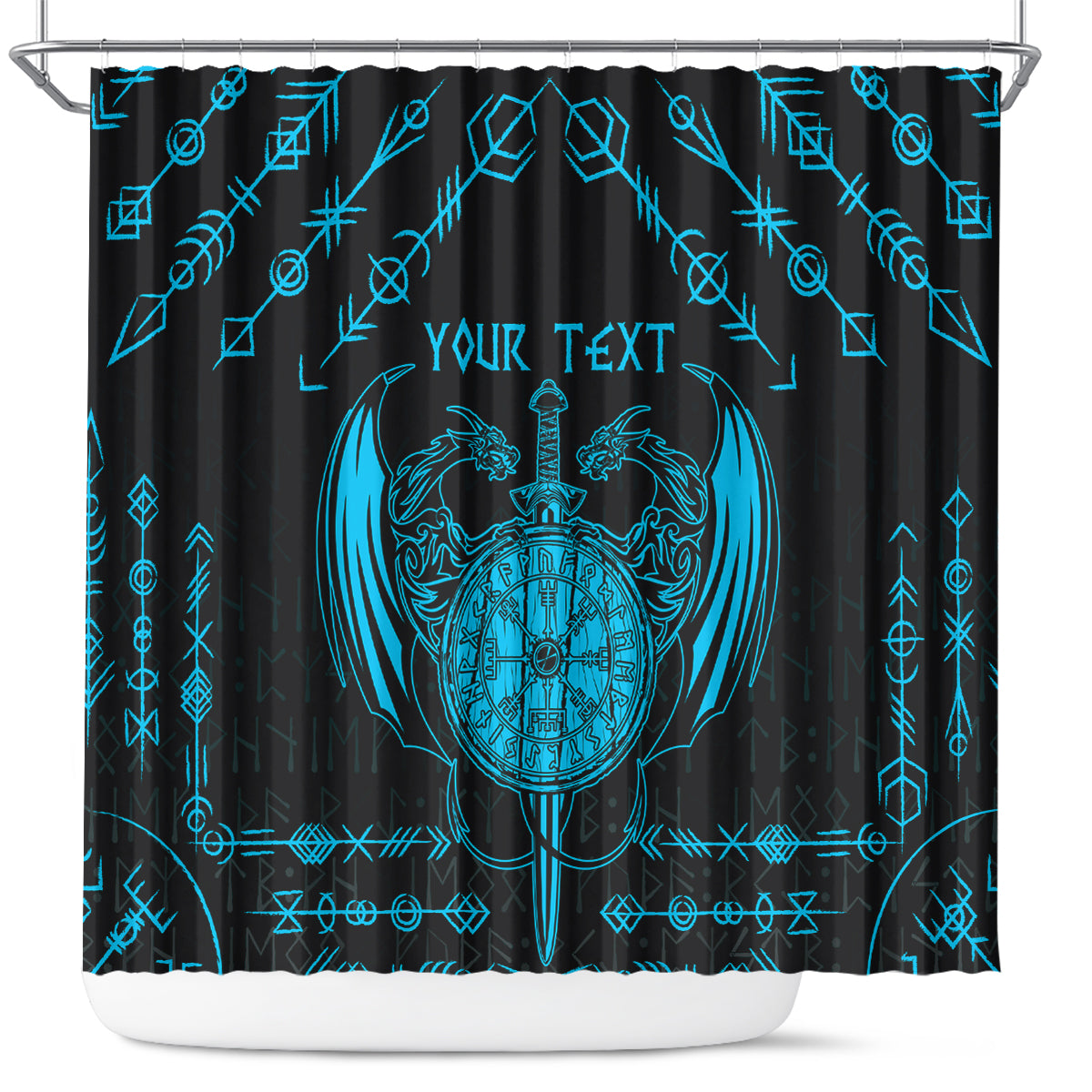 Personalized Viking Dragon Shower Curtain with Sword Blue Scandinavian Tattoo