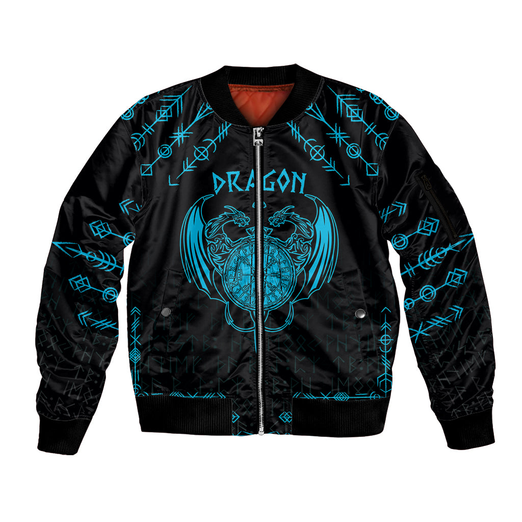 Personalized Viking Dragon Sleeve Zip Bomber Jacket with Sword Blue Scandinavian Tattoo