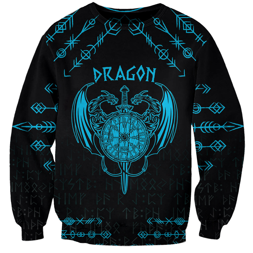 Black sweatshirt with turquoise dragon-and-compass shield print and rune pattern