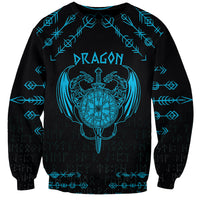 Black sweatshirt with turquoise dragon-and-compass shield print and rune pattern