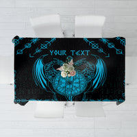 Blue and black Viking dragon tablecloth with centered dragon graphic and YOUR TEXT