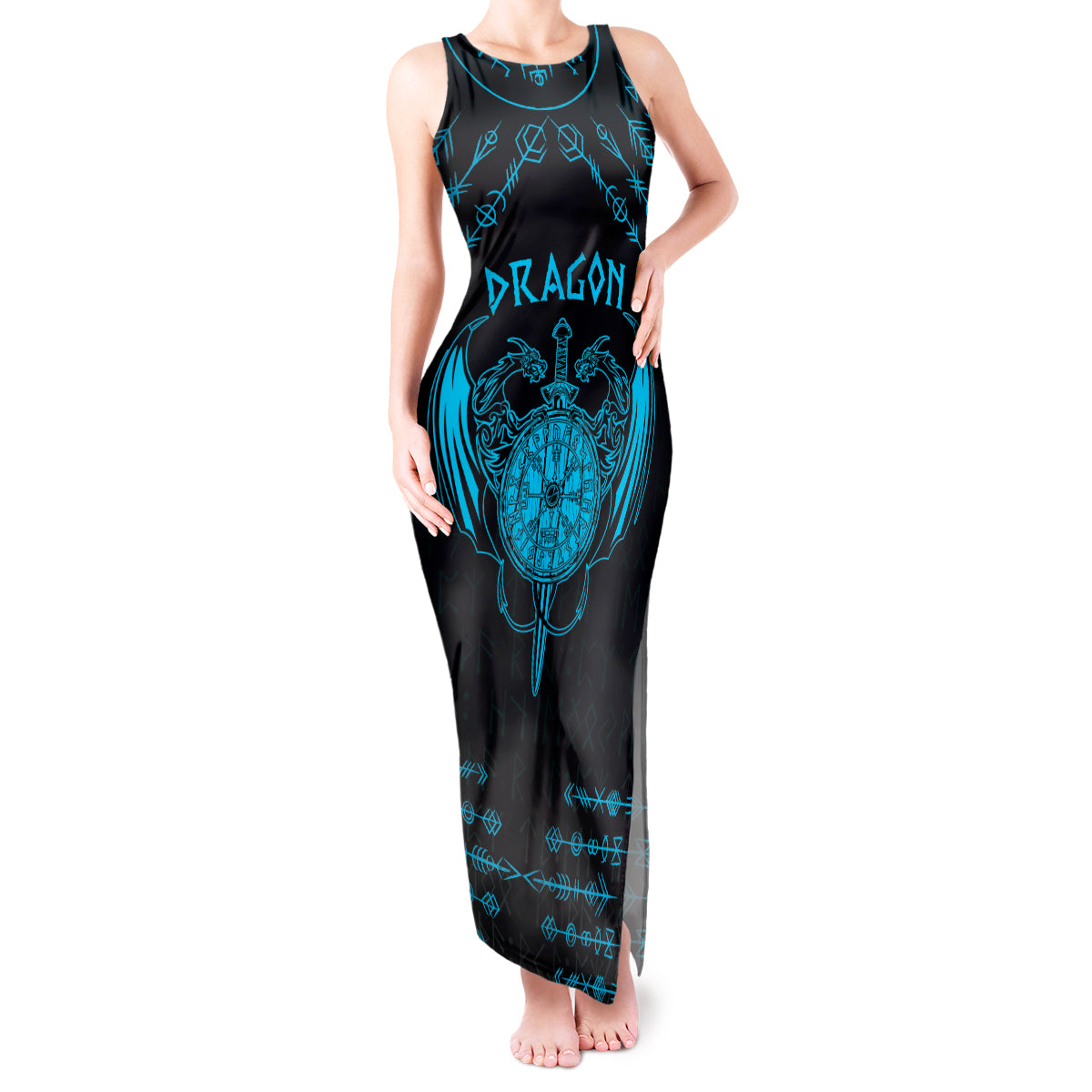 Personalized Viking Dragon Tank Maxi Dress with Sword Blue Scandinavian Tattoo - Wonder Print Shop