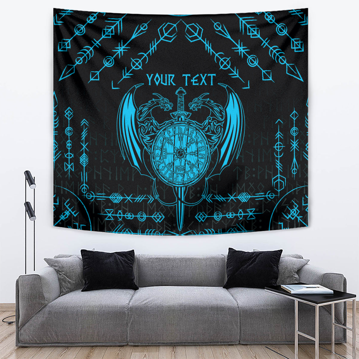 Personalized Viking Dragon Tapestry with Sword Blue Scandinavian Tattoo