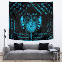 Black and blue Viking dragon tapestry with winged crest, rune border, and YOUR TEXT