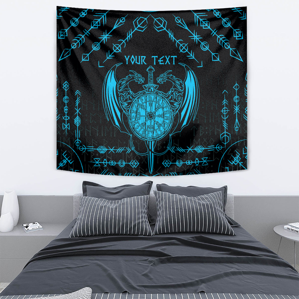 Black and blue Viking dragon tapestry with central shield crest and rune border