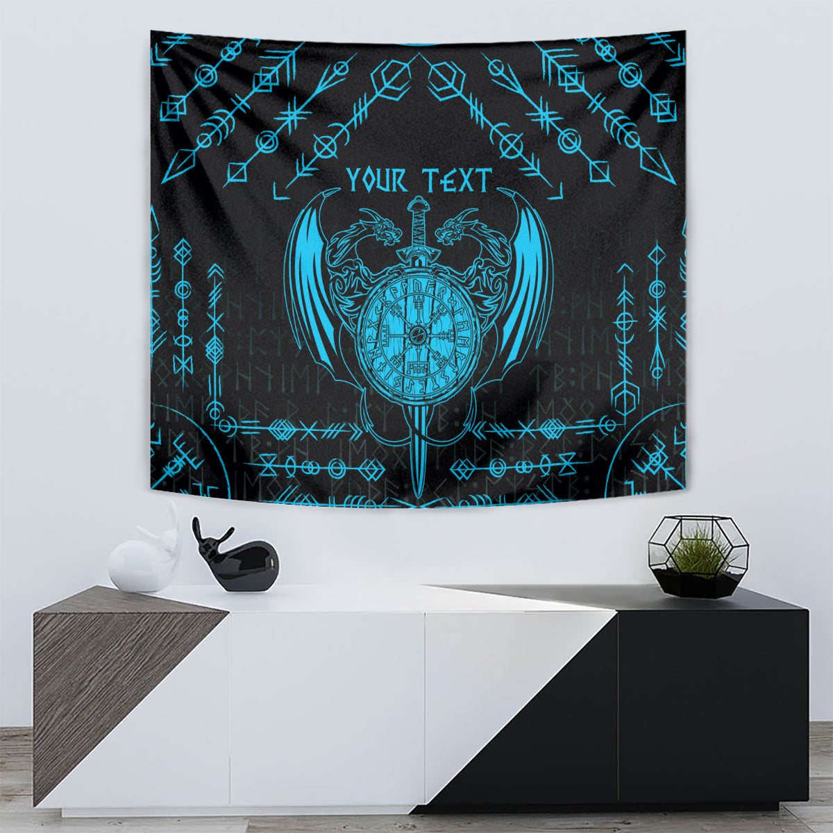 Black and blue Viking-style tapestry with winged crest, rune border, and sword shapes
