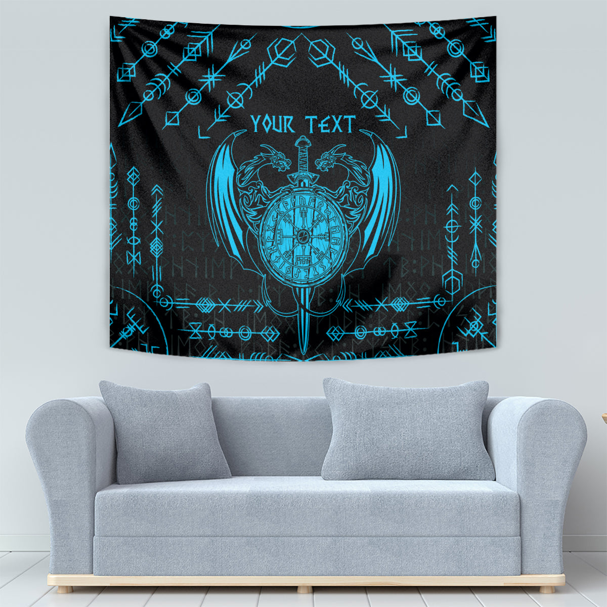 Black and blue Viking dragon tapestry featuring blue crest medallion and rune frame