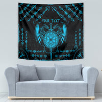 Black and blue Viking dragon tapestry featuring blue crest medallion and rune frame