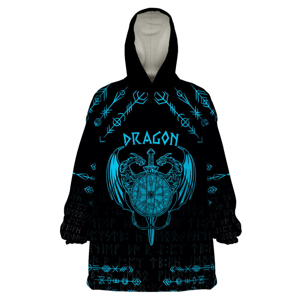 Personalized Viking Dragon Wearable Blanket Hoodie with Sword Blue Scandinavian Tattoo - Wonder Print Shop