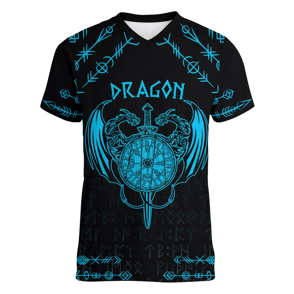 Personalized Viking Dragon Women V-Neck T-Shirt with Sword Blue Scandinavian Tattoo - Wonder Print Shop