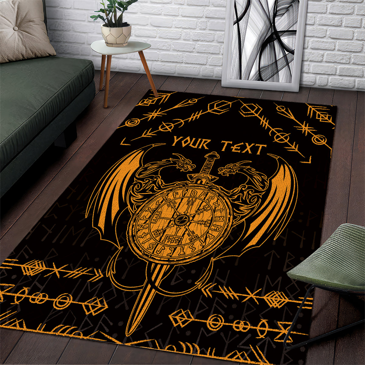 Personalized Viking Dragon Area Rug with Sword Gold Scandinavian Tattoo LT9 - Wonder Print Shop