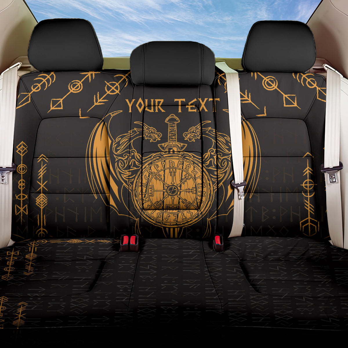 Personalized Viking Dragon Back Car Seat Cover with Sword Gold Scandinavian Tattoo LT9 - Wonder Print Shop