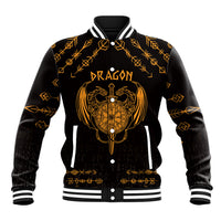 Black gold dragon baseball jacket with button front, striped ribbed collar and cuffs