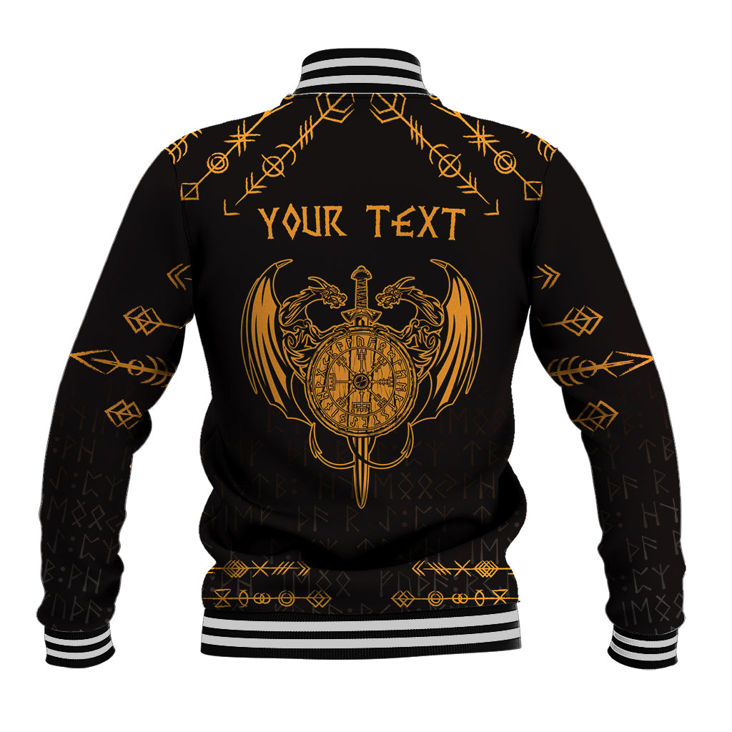 Black gold dragon baseball jacket back with 'YOUR TEXT' graphic, striped ribbed collar