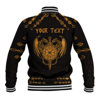 Black gold dragon baseball jacket back with 'YOUR TEXT' graphic, striped ribbed collar