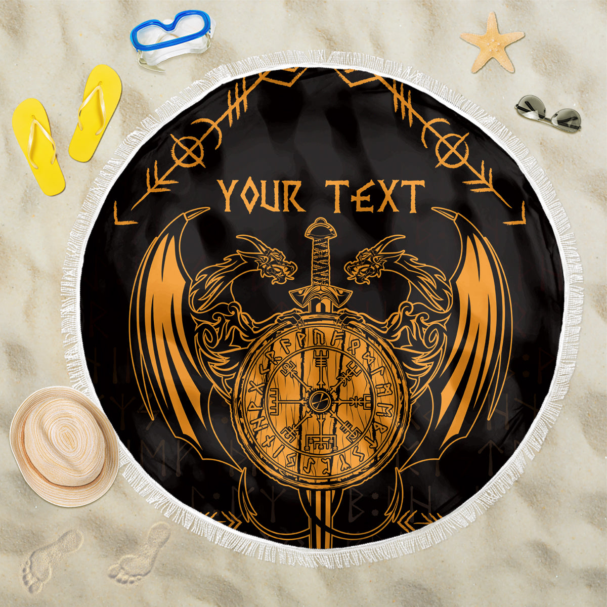 Personalized Viking Dragon Beach Blanket with Sword Gold Scandinavian Tattoo LT9 - Wonder Print Shop