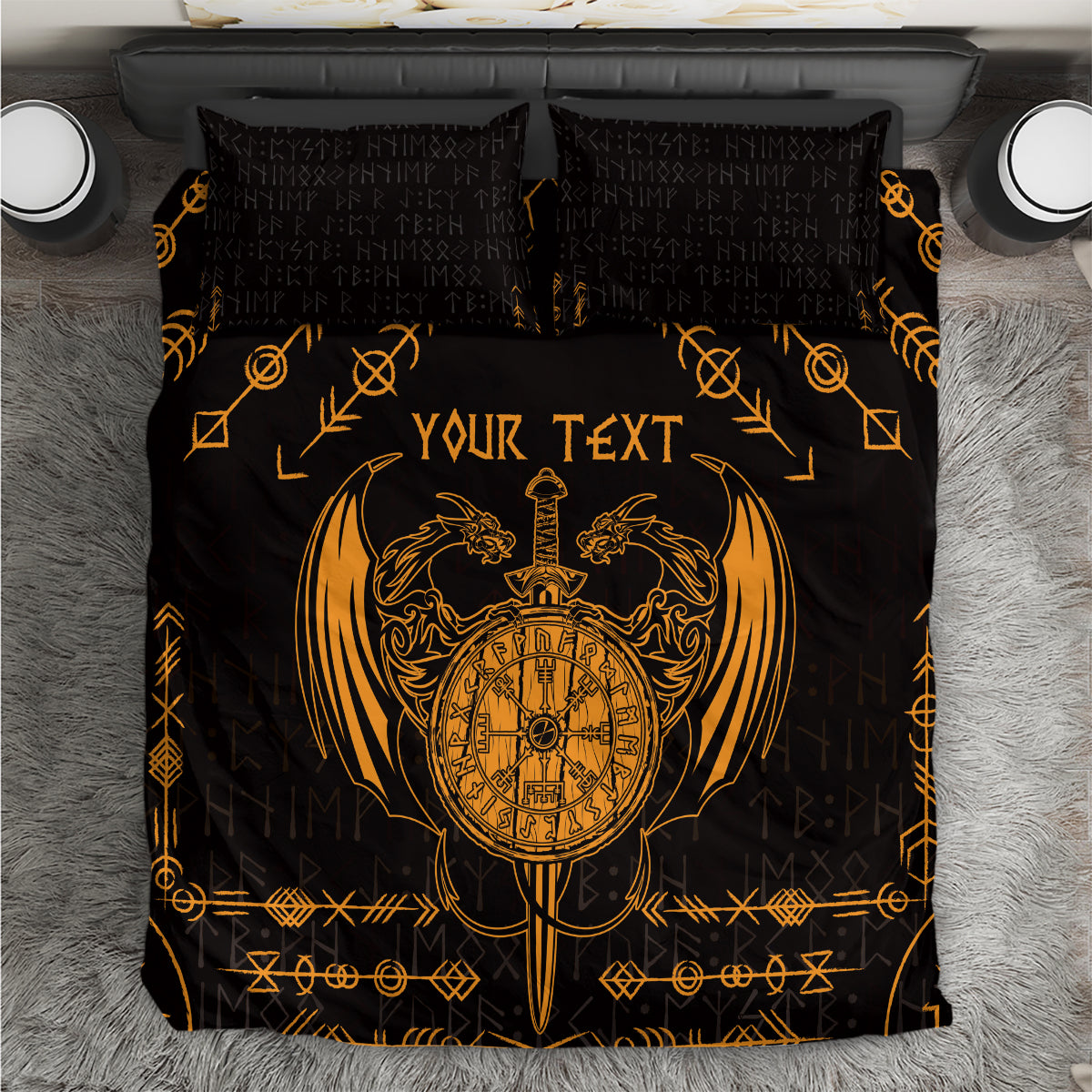 Black and gold bedding set with dragon and compass center, “Your Text”