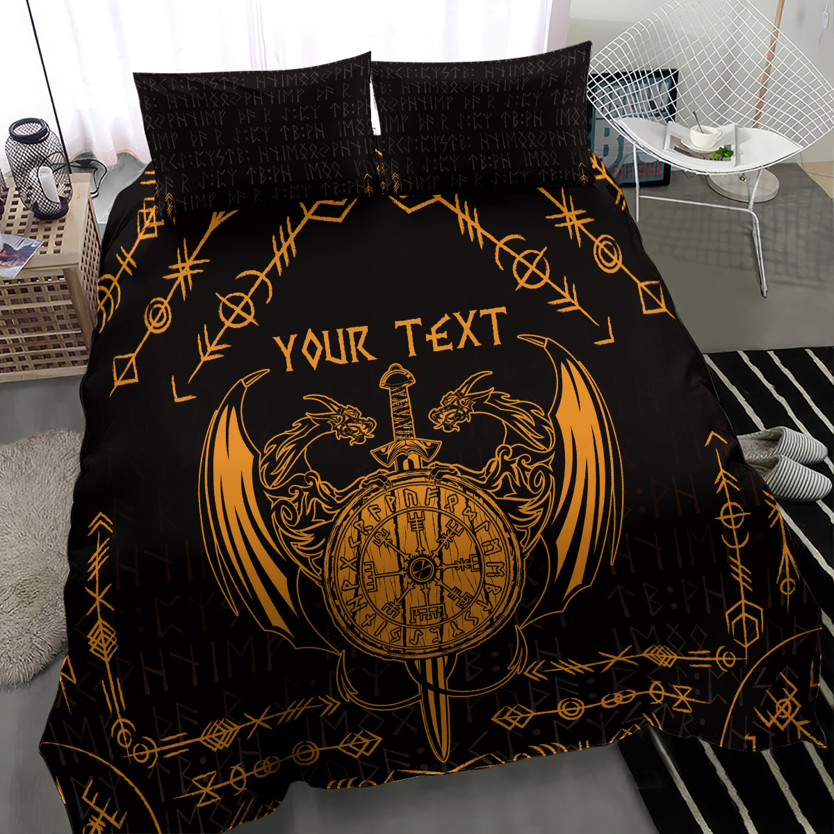 Black and gold bedding set with dragon compass graphic and “Your Text”