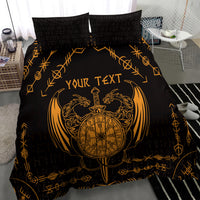 Black and gold bedding set with dragon compass graphic and “Your Text”