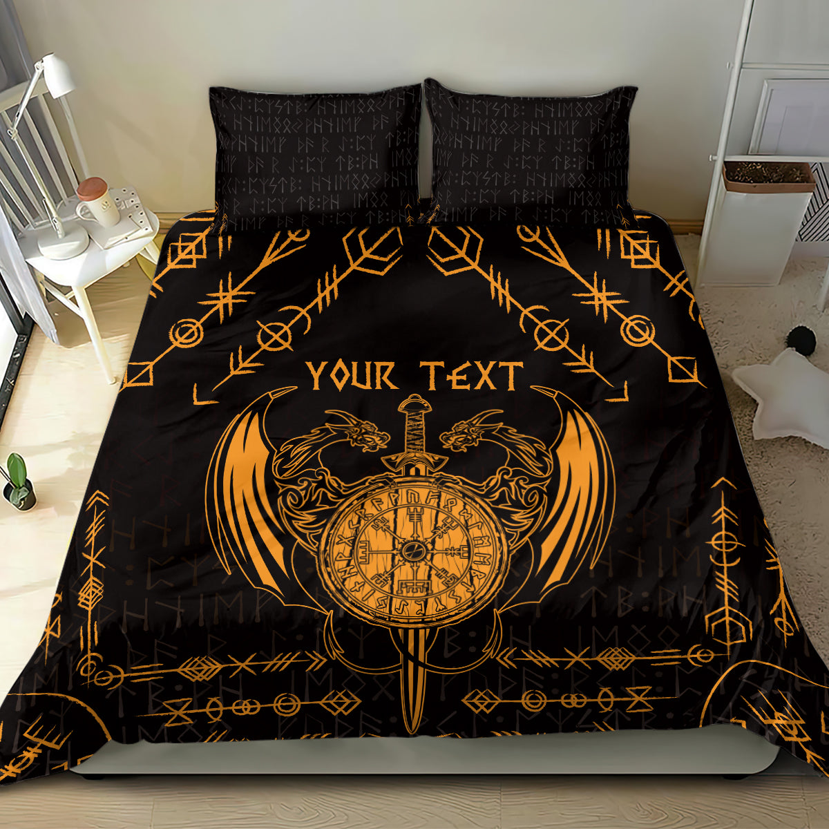 Black and gold duvet cover with dragon compass centerpiece and “Your Text”