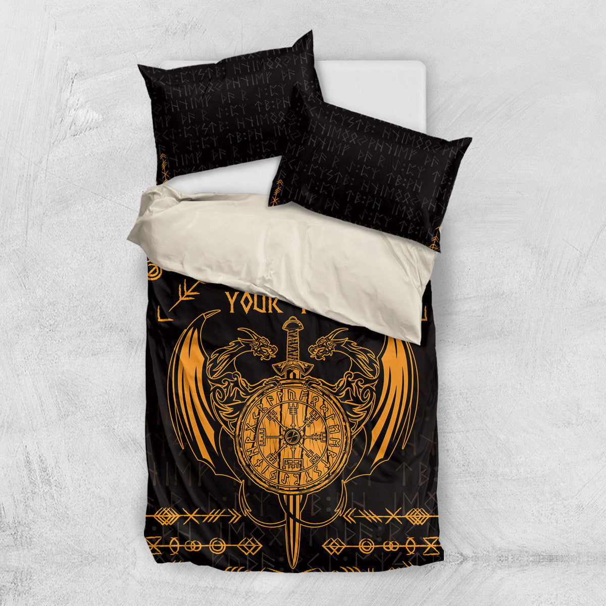 Black bedding set with gold dragon and compass design, “Your Text” on duvet