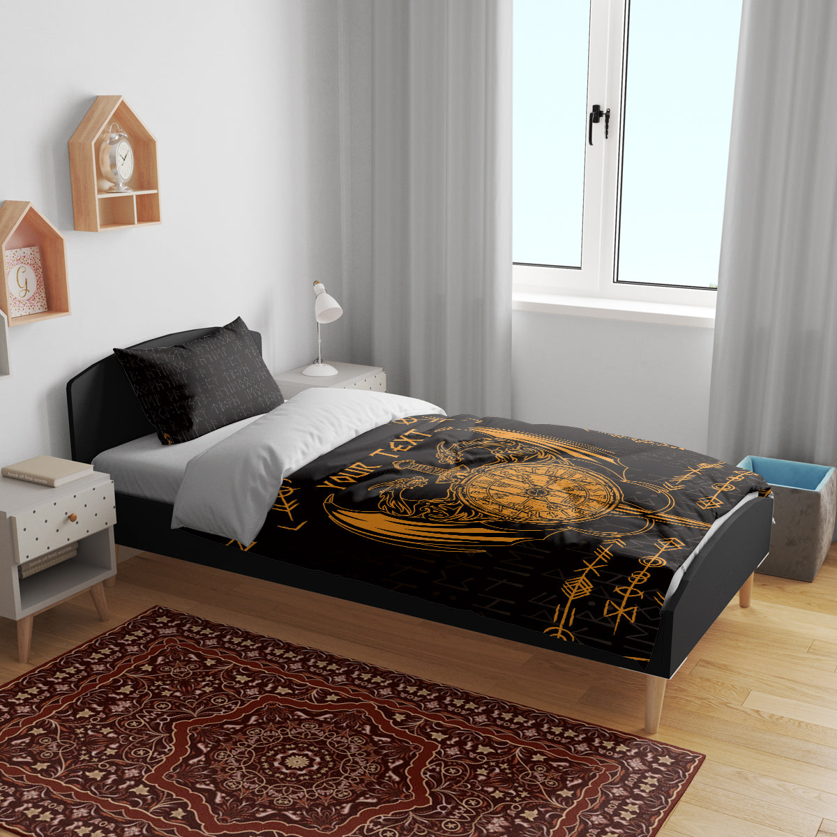 Black and gold bedding set on bed with dragon compass design and “Your Text”