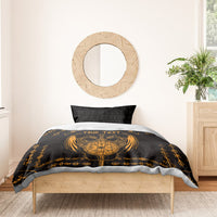 Black duvet cover with gold dragon compass graphic and “Your Text”