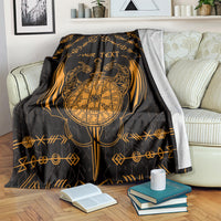 Viking dragon throw blanket, black with gold compass, wings, and custom text.