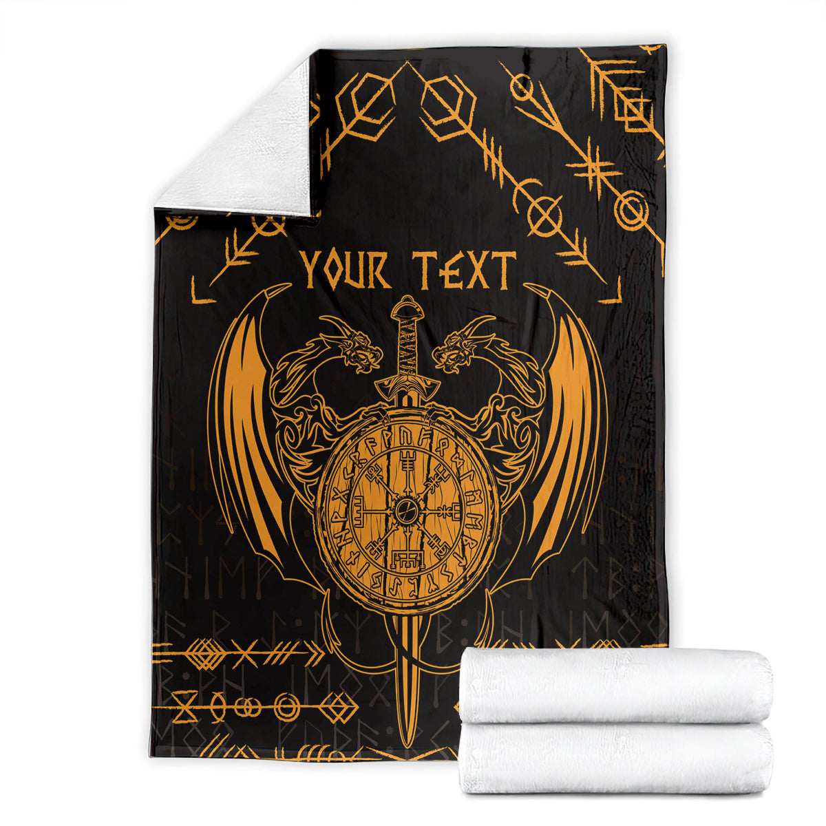 Viking dragon blanket folded, black with gold compass emblem, wings, and “YOUR TEXT”.