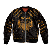 Black bomber jacket with gold dragon emblem and 'DRAGON' on the front, zip-up