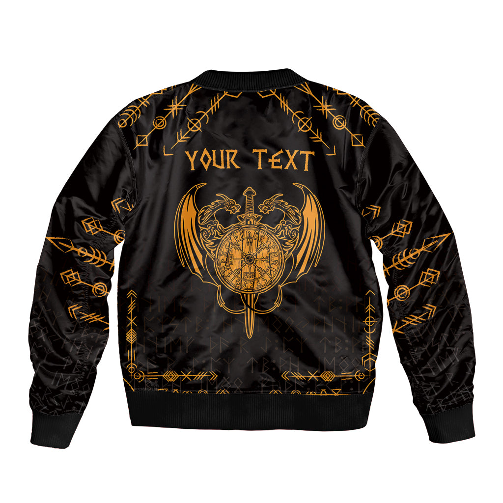 Black bomber jacket with gold dragon crest on back and placeholder 'YOUR TEXT'