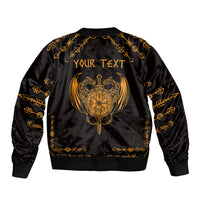 Black bomber jacket with gold dragon crest on back and placeholder 'YOUR TEXT'