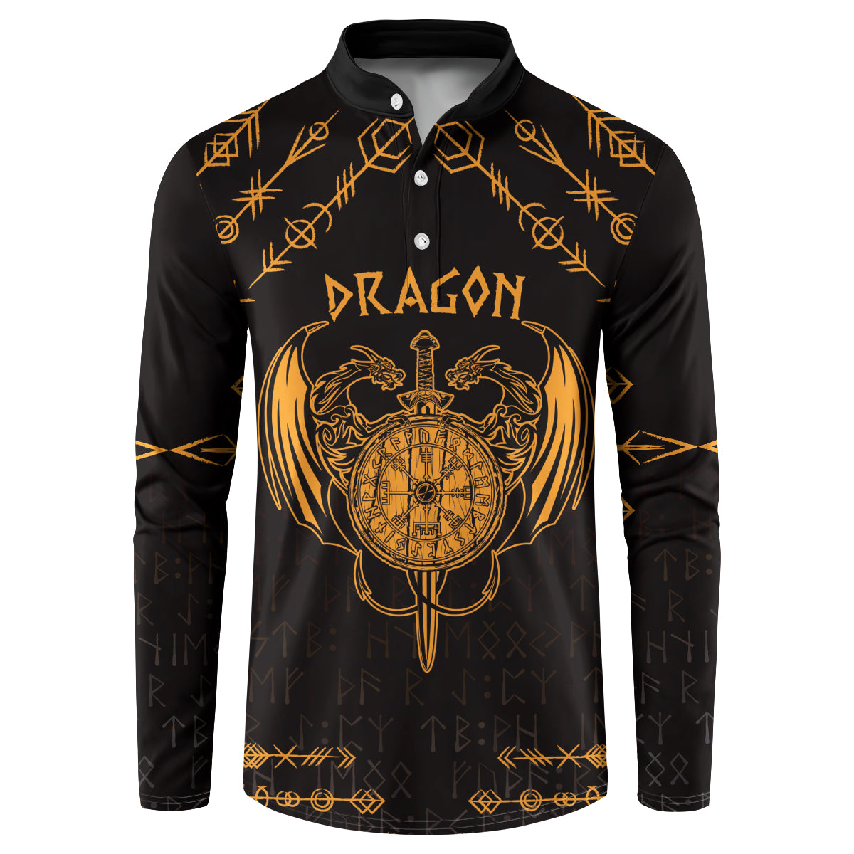 Black sweatshirt with gold dragon crest and button placket