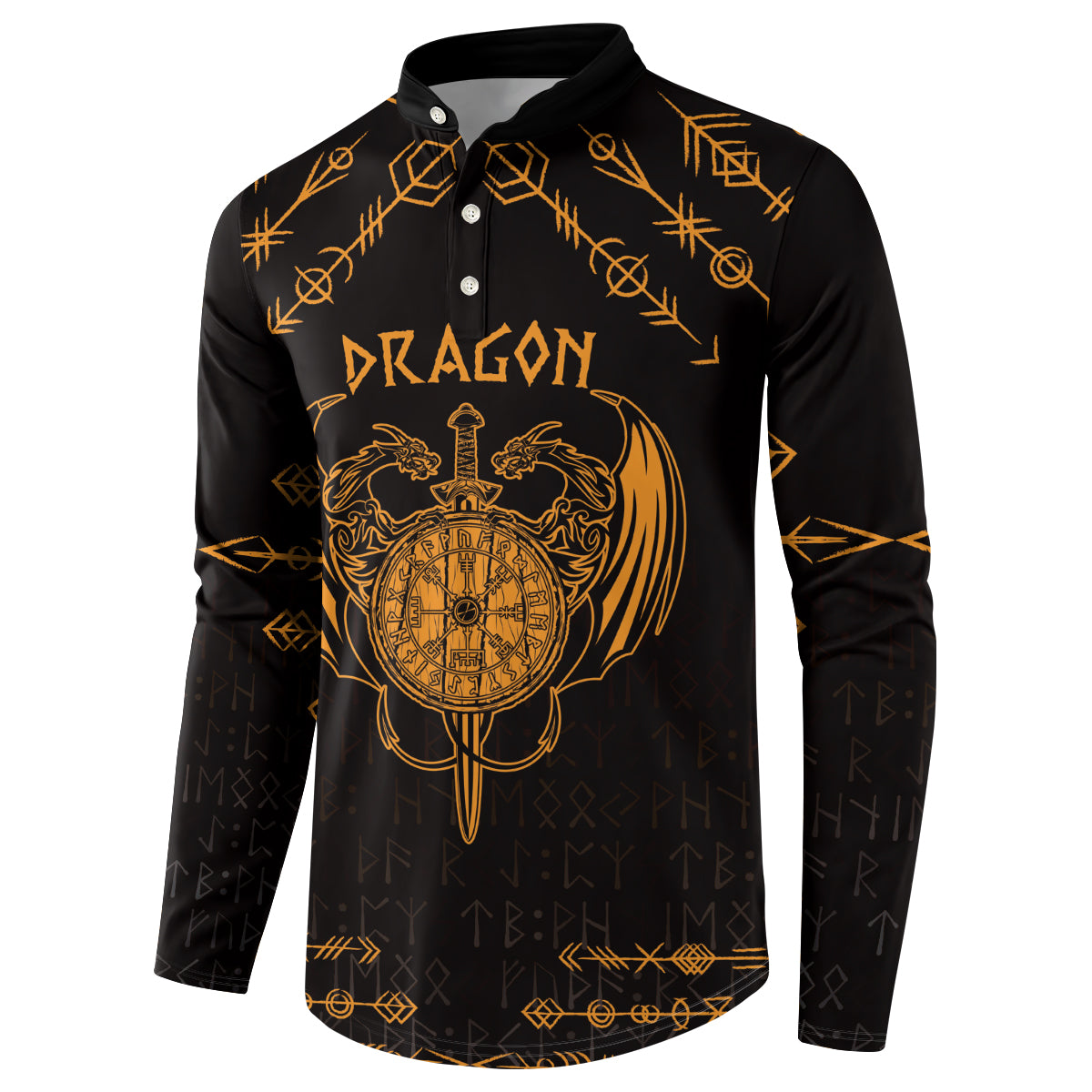 Black sweatshirt with gold 'DRAGON' graphic, crest emblem, and button front