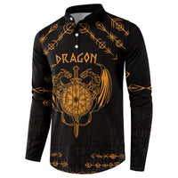 Black sweatshirt with gold 'DRAGON' graphic, crest emblem, and button front