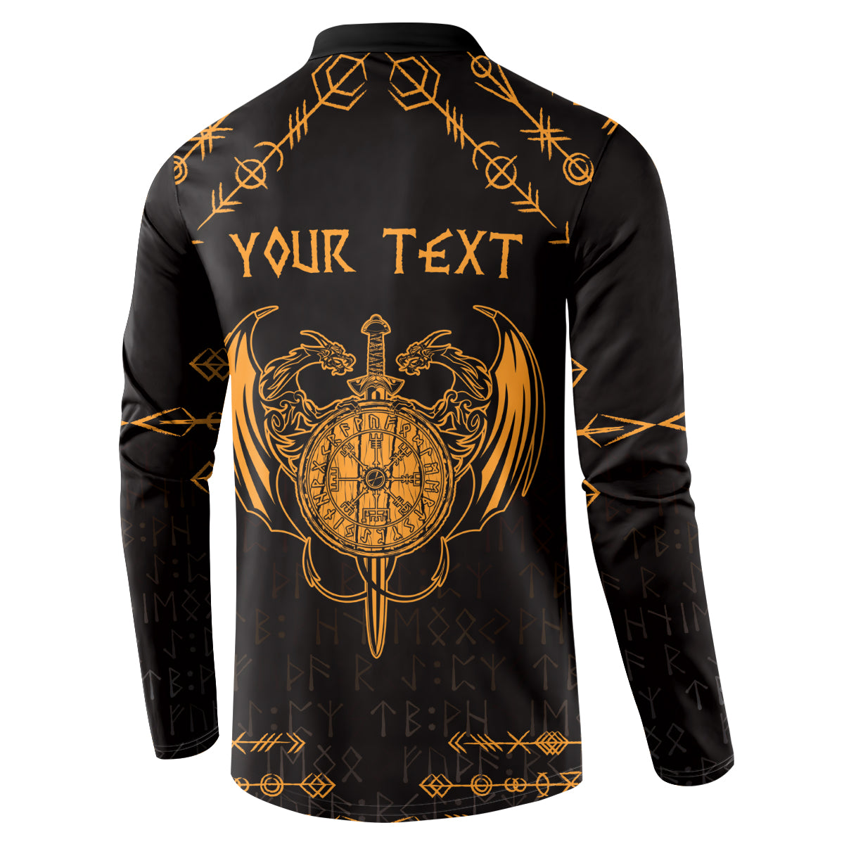 Black sweatshirt back with gold 'YOUR TEXT' and dragon crest graphic