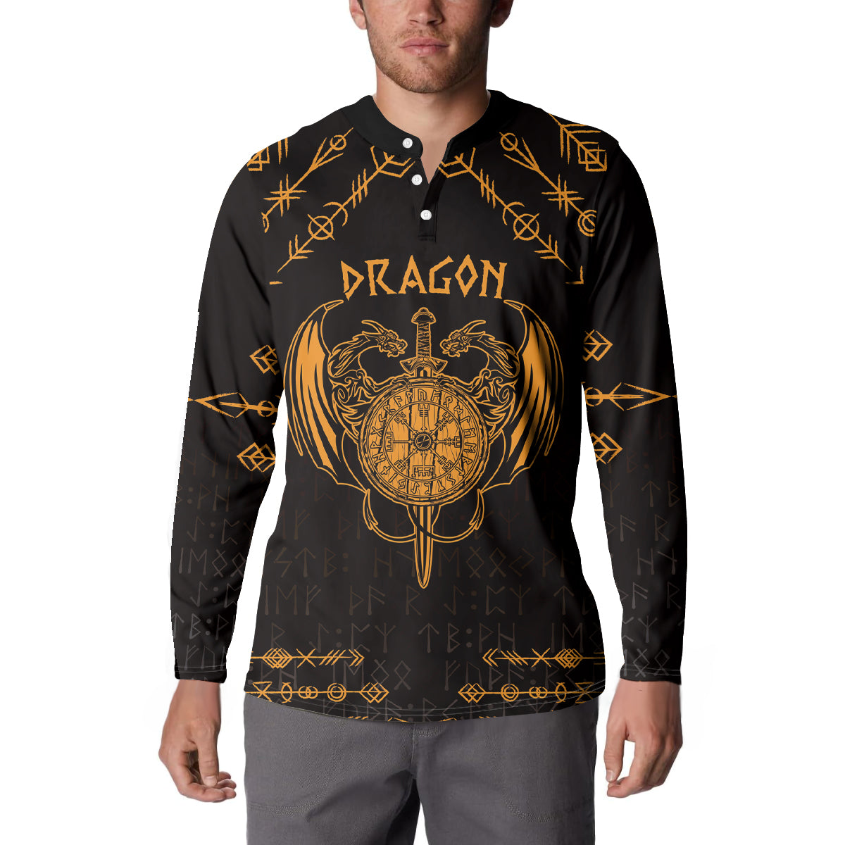 Black long-sleeve button sweatshirt with gold dragon crest graphic on chest
