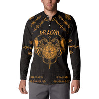 Black long-sleeve button sweatshirt with gold dragon crest graphic on chest