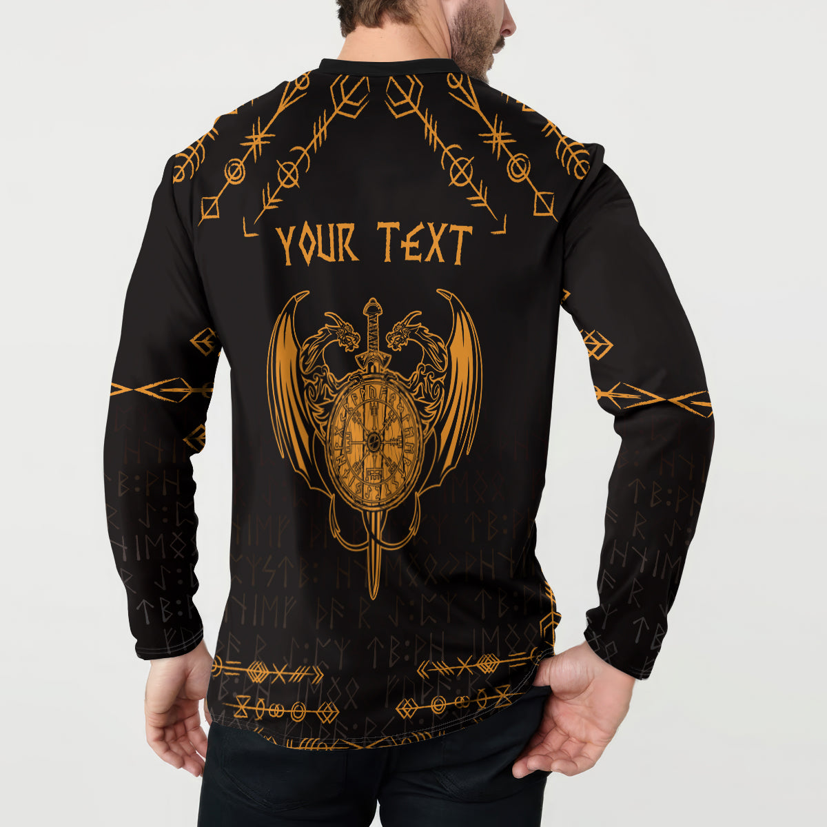 Black sweatshirt back with gold 'YOUR TEXT' and dragon crest, long sleeves