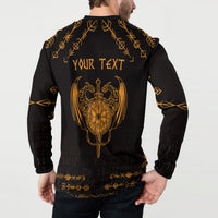 Black sweatshirt back with gold 'YOUR TEXT' and dragon crest, long sleeves