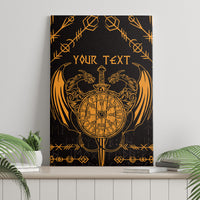 Black canvas wall art with gold Viking dragon clock emblem and 'YOUR TEXT'
